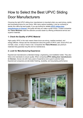 How to Select the Best UPVC Sliding Door Manufacturers
