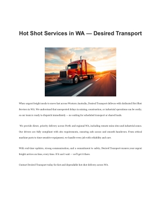 Hot Shot Services in WA — Desired Transport