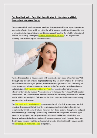 Get best hair with Best Hair Loss Doctor In Houston and Hair Transplant Houston Texas