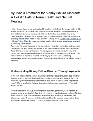 Ayurvedic Treatment for Kidney Failure Disorder: A Holistic Path to Renal Health