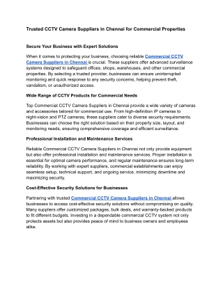 Trusted CCTV Camera Suppliers in Chennai for Commercial Properties