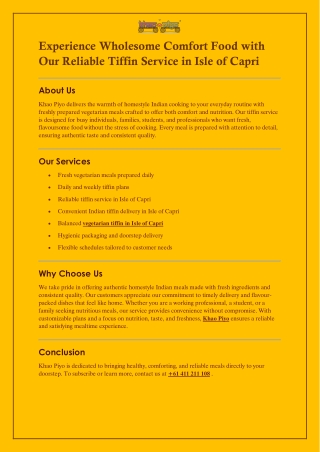 Experience Wholesome Comfort Food with Our Reliable Tiffin Service in Isle of Capri