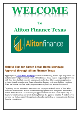 Helpful Tips for Faster Texas Home Mortgage Approval through Aliton Finance Texas
