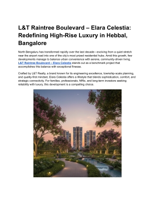 L&T Raintree Boulevard Elara Celestia Hebbal | Luxury Apartments in Bangalore