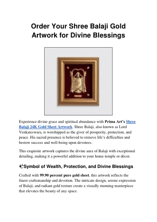 Order Your Shree Balaji Gold Artwork for Divine Blessings