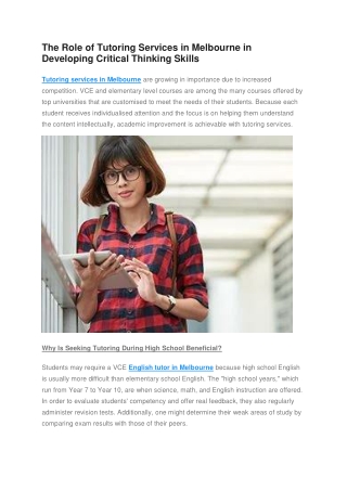 The Role of Tutoring Services in Melbourne in Developing Critical Thinking Skills