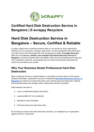 Certified Hard Disk Destruction Service in Bangalore _ E-scrappy Recyclers