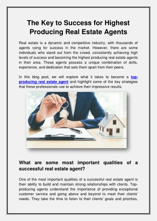 The Key to Success for Highest Producing Real Estate Agents