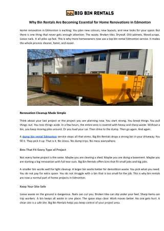 Dump Bin Rental Edmonton – Why Bins Are Essential for Renovations