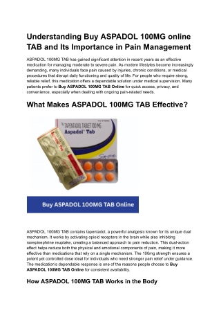 Understanding Buy ASPADOL 100MG online TAB and Its Importance in Pain Management