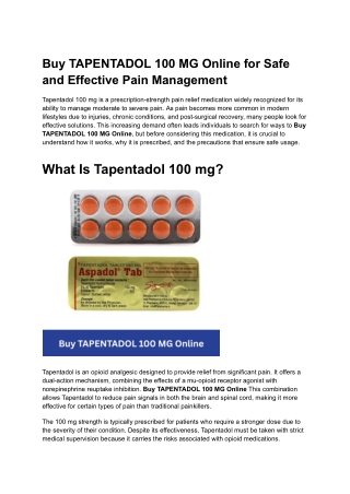 Buy TAPENTADOL 100 MG Online for Safe and Effective Pain Management