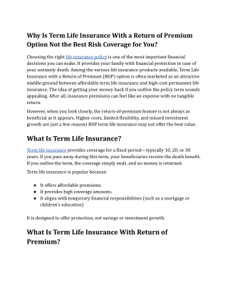 Why Is Term Life Insurance With a Return of Premium Option Not the Best Risk Coverage for You