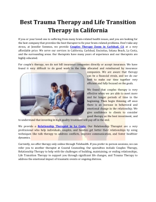 Best Trauma Therapy and Life Transition Therapy in California