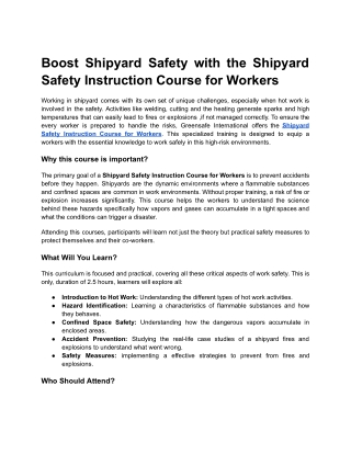 Shipyard Safety Instruction Course in Singapore - Greensafe International