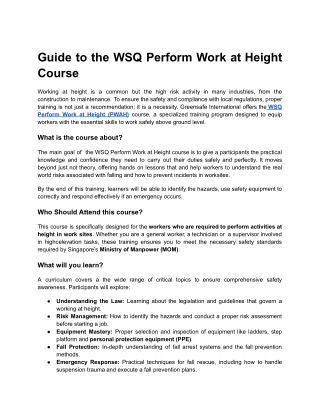 WSQ Perform Work at Height Course Singapore | MOM Approved | Greensafe