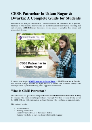 CBSE Patrachar in Uttam Nagar - Shri Vinayak College