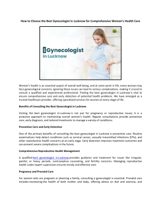 How to Choose the Best Gynecologist in Lucknow for Comprehensive Women’s Health