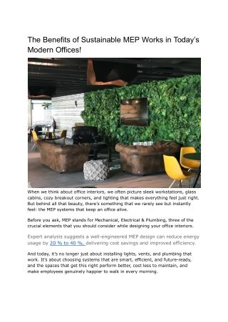 Why Sustainable MEP Works Matter in Today’s Office Interiors