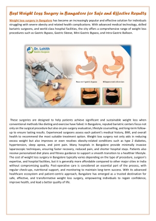 Best Weight Loss Surgery in Bangalore for Safe and Effective Results