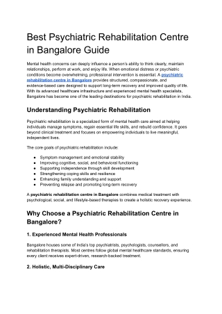 Best Psychiatric Rehabilitation Centre in Bangalore Guide