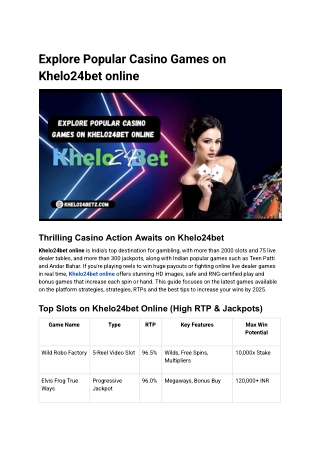 Explore Popular Casino Games on Khelo24bet online