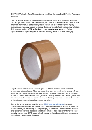 BOPP Self Adhesive Tape Manufacturers Providing Durable, Cost-Effective Packaging Materials