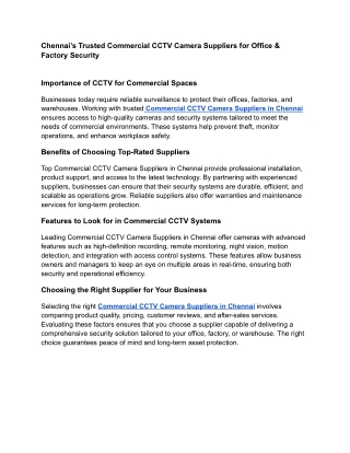 Chennai’s Trusted Commercial CCTV Camera Suppliers for Office & Factory Security