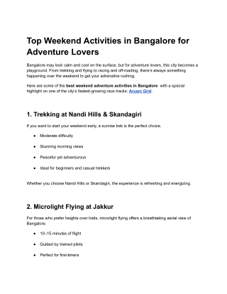 Top Weekend Activities in Bangalore for Adventure Lovers