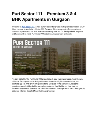 Puri Sector 111 – Premium 3 & 4 BHK  Apartments in Gurgaon
