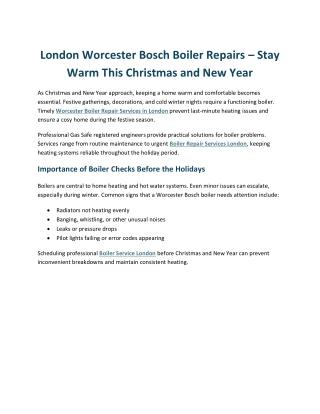 London Worcester Bosch Boiler Repairs – Stay Warm This Christmas and New Year