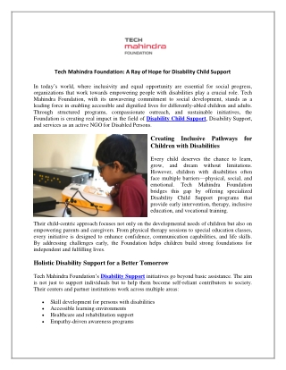 Tech Mahindra Foundation A Ray of Hope for Disability Child Support