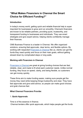 “What Makes Financiers in Chennai the Smart Choice for Efficient Funding