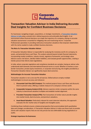 Transaction Valuation Advisor in India Delivering Accurate Deal Insights for Confident Business Decisions