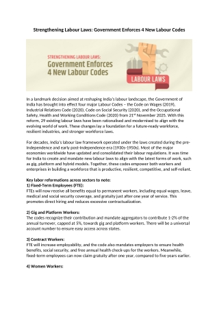 Strengthening Labour Laws Government Enforces 4 New Labour Codes
