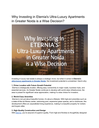 Why Investing in Eternia's Ultra-Luxury Apartments in Greater Noida is a Wise Decision
