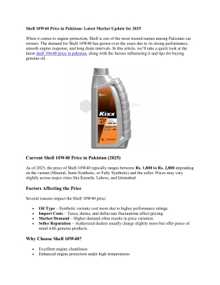 Shell 10W40 Price in Pakistan: Latest Market Update for 2025