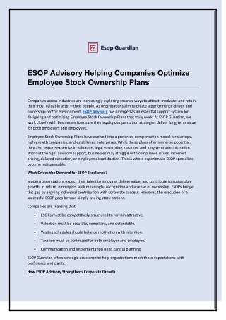 ESOP Advisory Helping Companies Optimize Employee Stock Ownership Plans