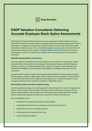 ESOP Valuation Consultants Delivering Accurate Employee Stock Option Assessments