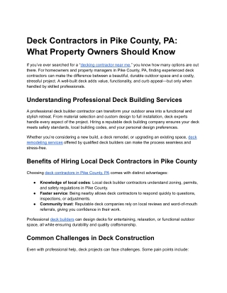 Deck Contractors in Pike County, PA What Property Owners Should Know