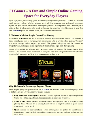 51 Games – A Fun and Simple Online Gaming Space for Everyday Players