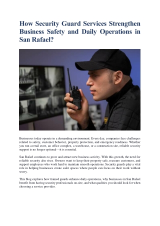How Security Guard Services Strengthen Business Safety and Daily Operations in San Rafael