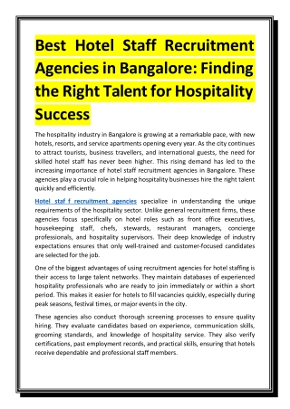 Best Hotel Staff Recruitment Agencies in Bangalore - Finding the Right Talent for Hospitality Success