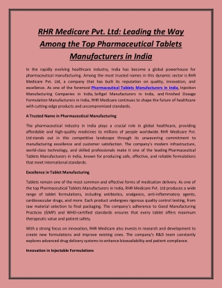 RHR Medicare Pvt. Ltd: Leading the Way Among the Top Pharmaceutical Tablets Manu