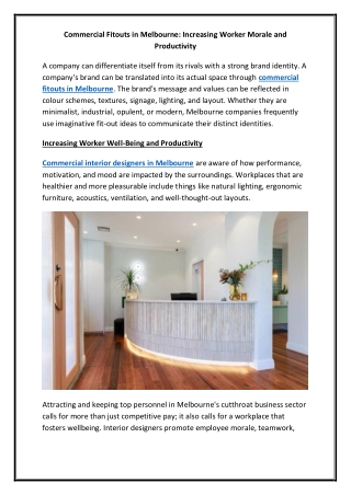 Commercial Fitouts in Melbourne Increasing Worker Morale and Productivity