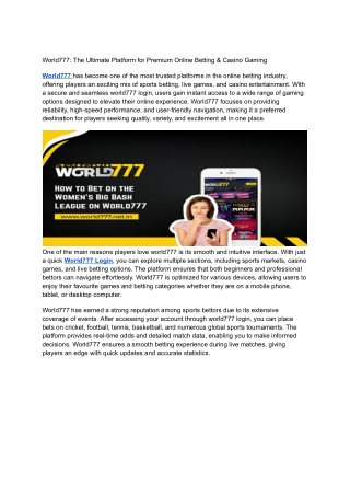 World777: The Ultimate Platform for Premium Online Betting & Casino Gaming
