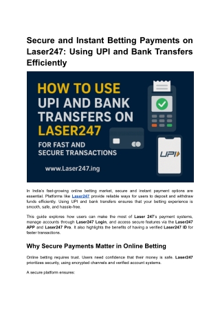 Secure and Instant Betting Payments on Laser247 Using UPI and Bank Transfers Efficiently
