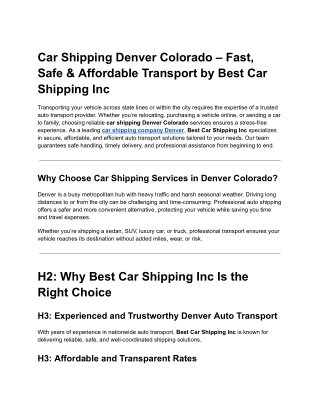 Car Shipping Denver Colorado – Fast, Safe & Affordable Transport by Best Car Shipping Inc