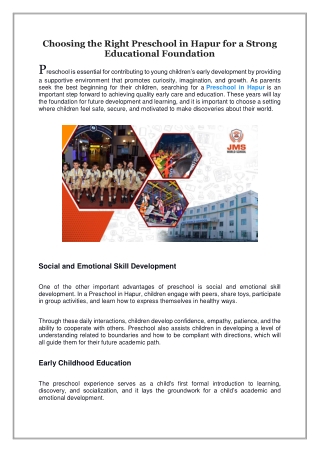 Choosing the Right Preschool in Hapur for a Strong Educational Foundation