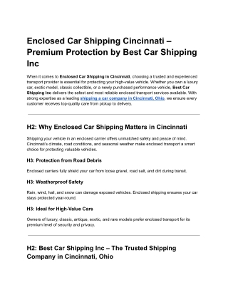 Enclosed Car Shipping Cincinnati – Premium Protection by Best Car Shipping Inc