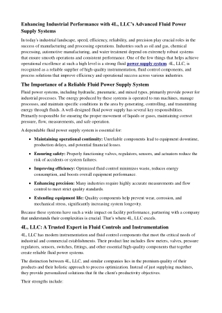 Enhancing Industrial Performance with 4L, LLC’s Advanced Fluid Power Supply Systems